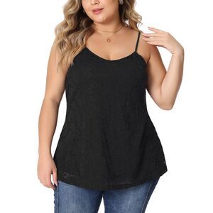 Plus Size Camisole Adjustable Strap Elegant Lace Cami Tank Top Dark Black